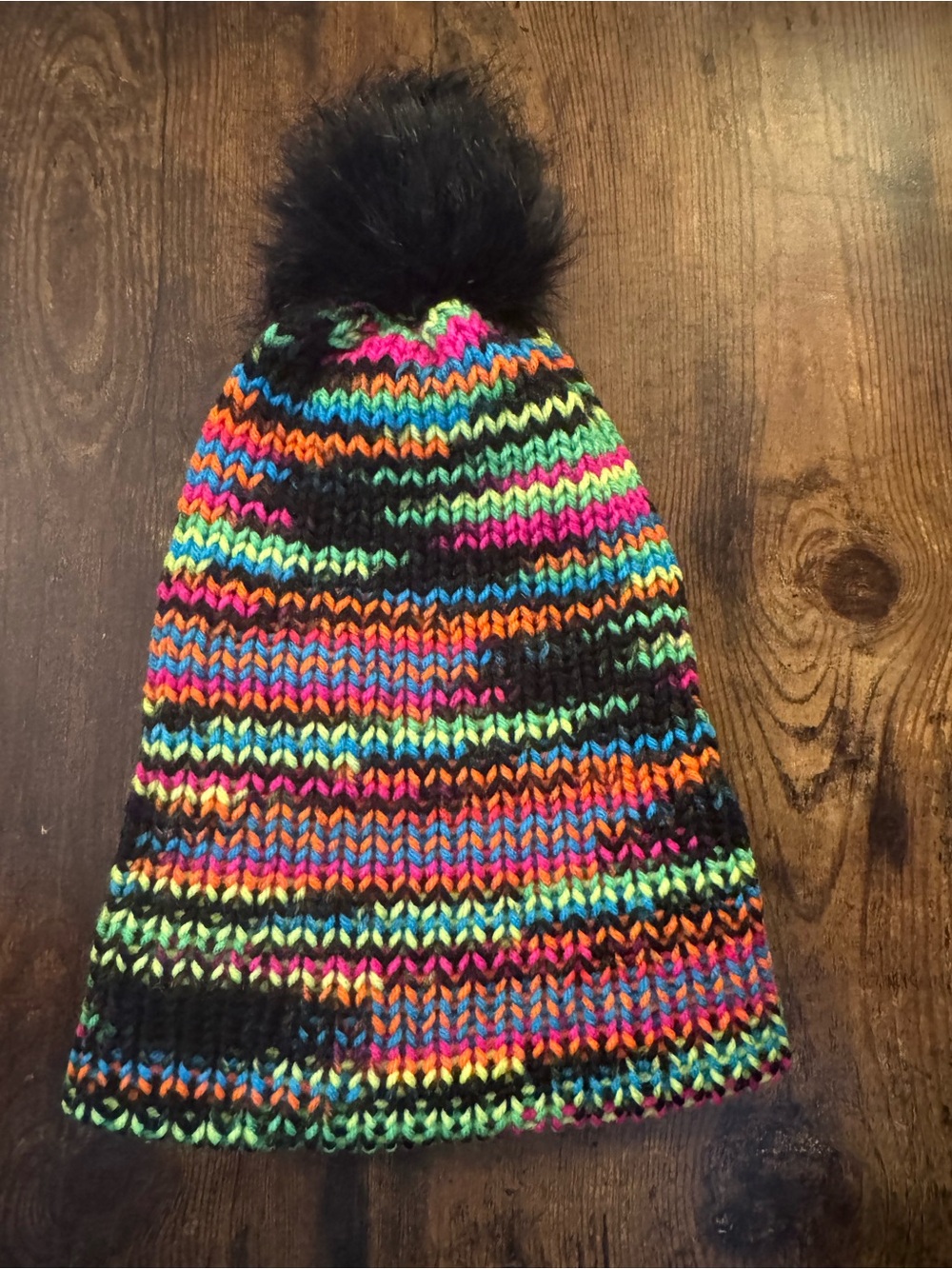 Adult Multicolor Pom-Pom Knit Beanie - Neon Stripes